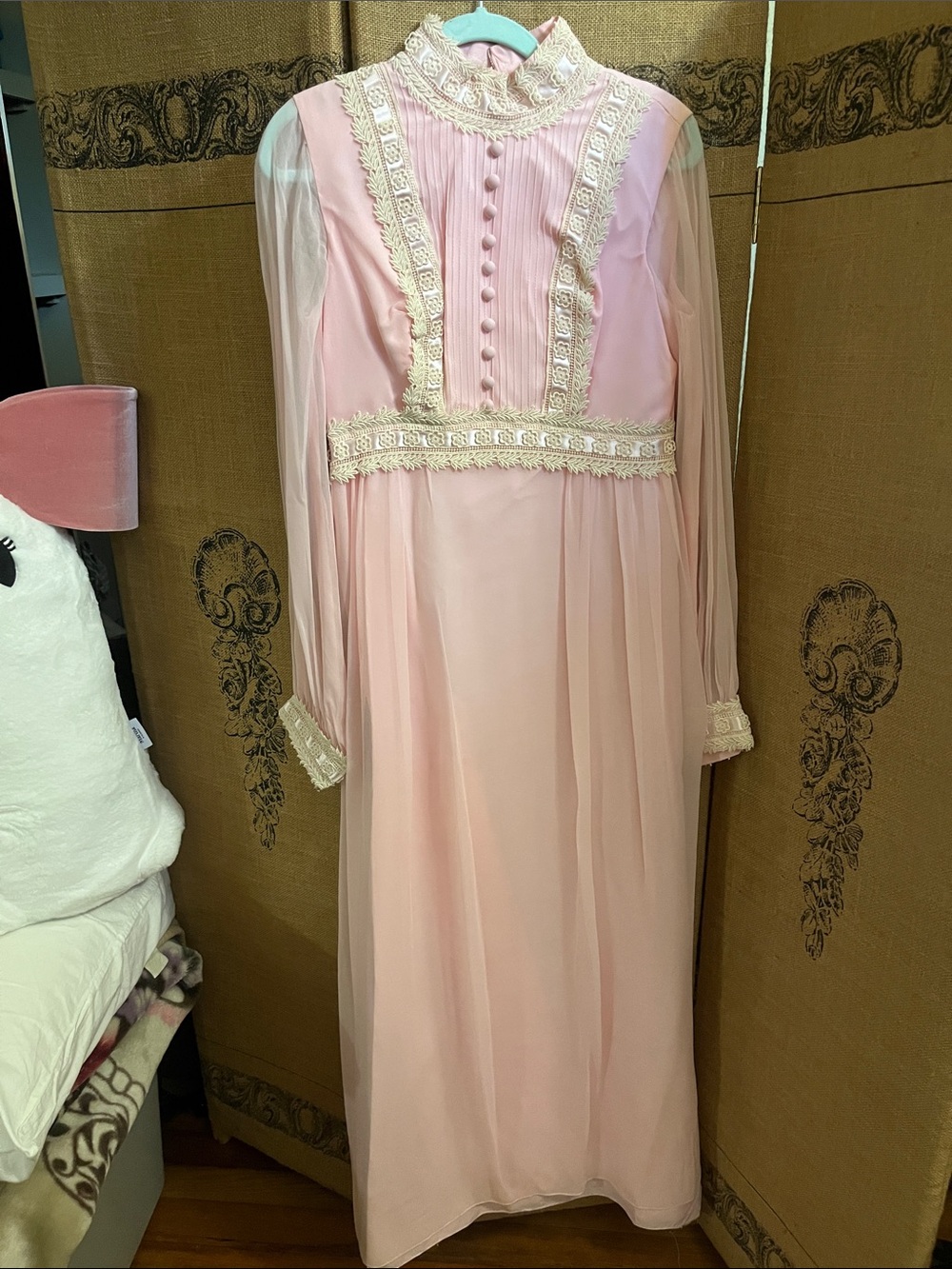 Vintage Pink Lace Trim Maxi Dress